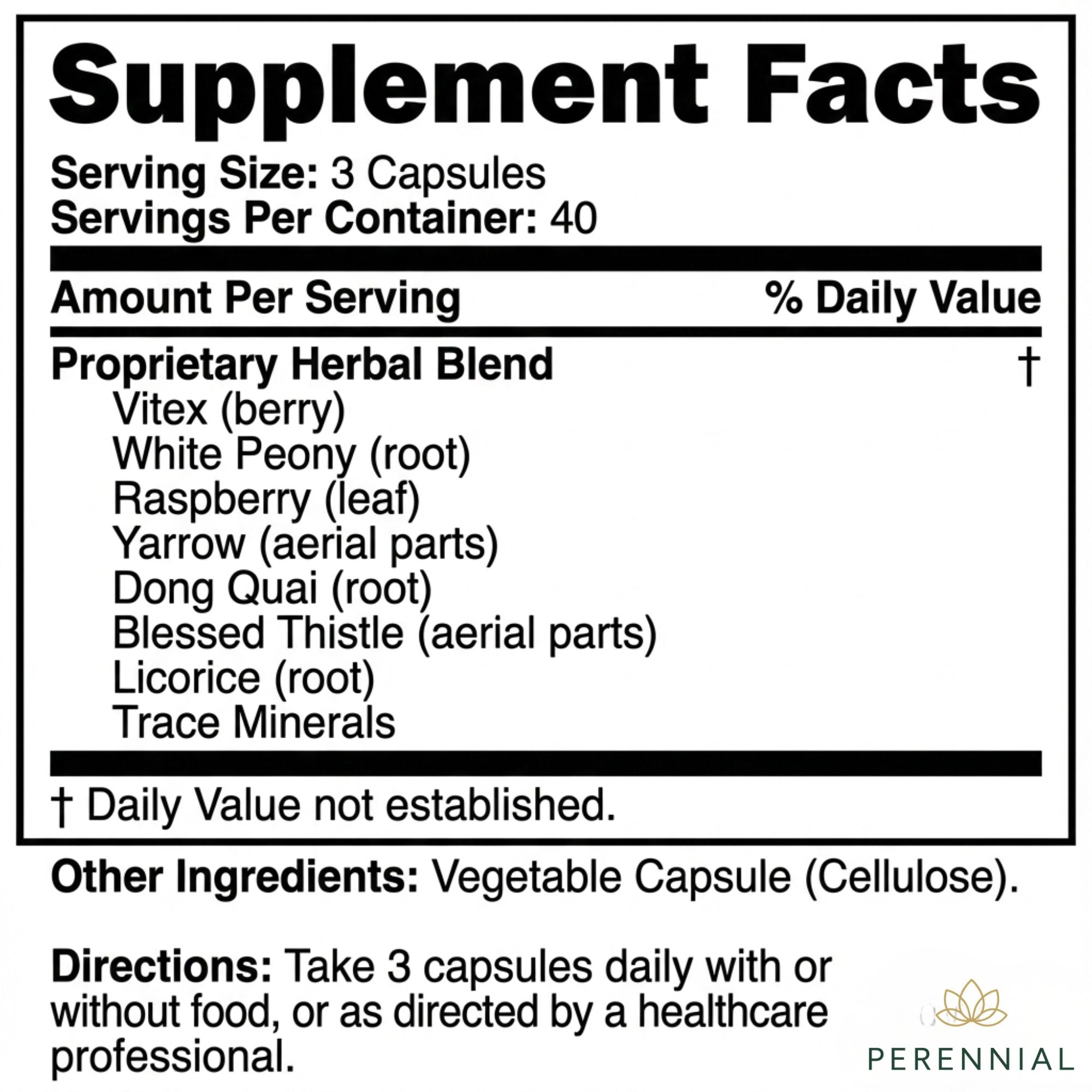 Supplement facts label for a proprietary herbal blend with serving size and container details.