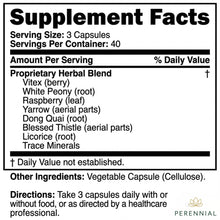 Load image into Gallery viewer, Supplement facts label for a proprietary herbal blend with serving size and container details.
