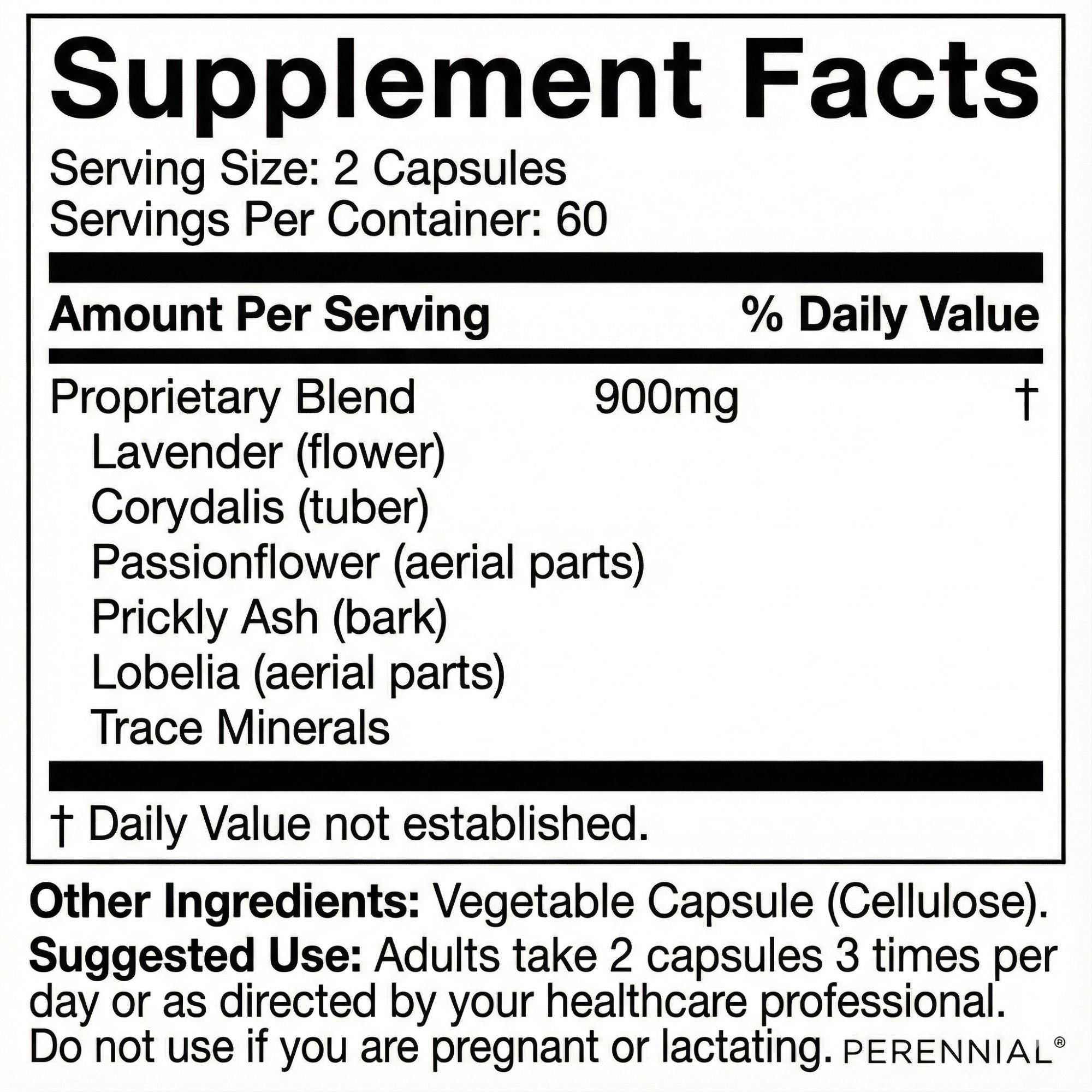 Supplement facts label with ingredients and usage instructions on a white background