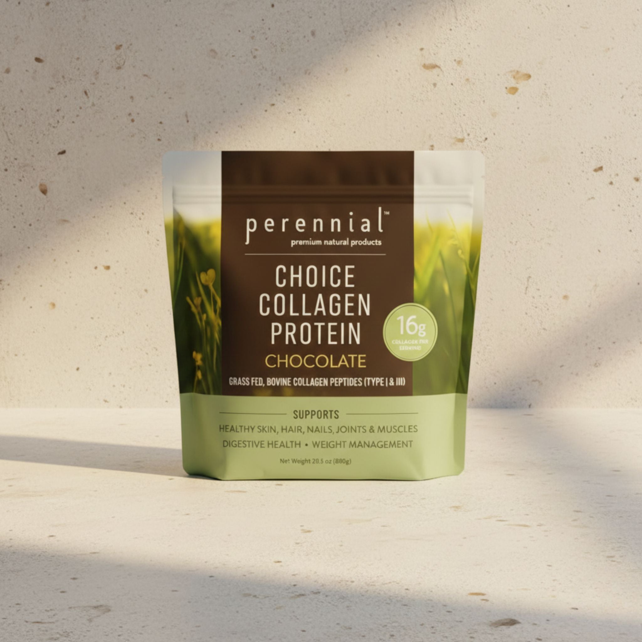 Bag of Perennial Choice Chocolate Collagen Peptides, containing 16g of grass-fed collagen and 0g sugar per serving.