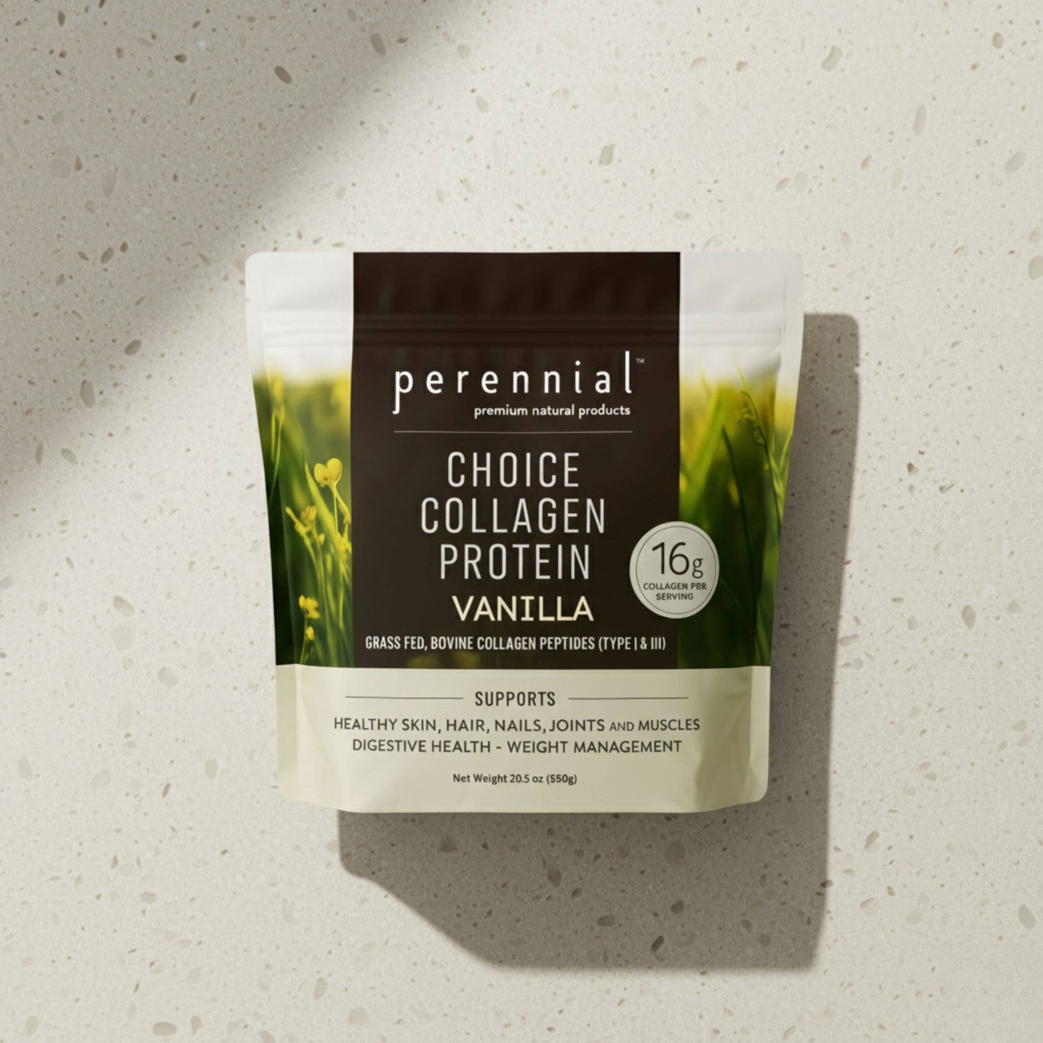 Bag of Perennial Choice Vanilla Collagen Peptides, a dairy-free and gluten-free formula with natural vanilla flavor.